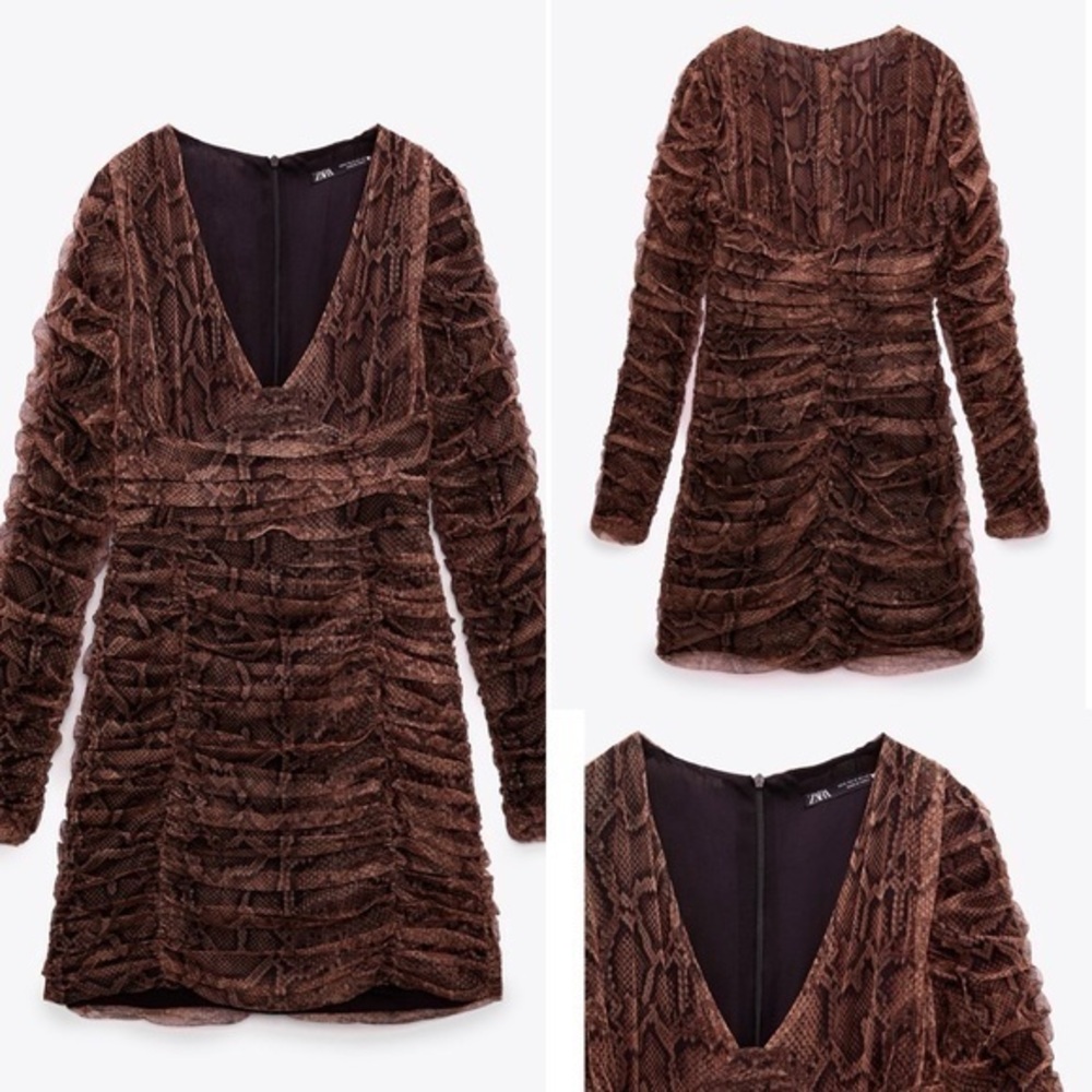 Zara Tulle Long Sleeve Bodycon Snakeskin V Neck Ruched Brown Black Mini Dress